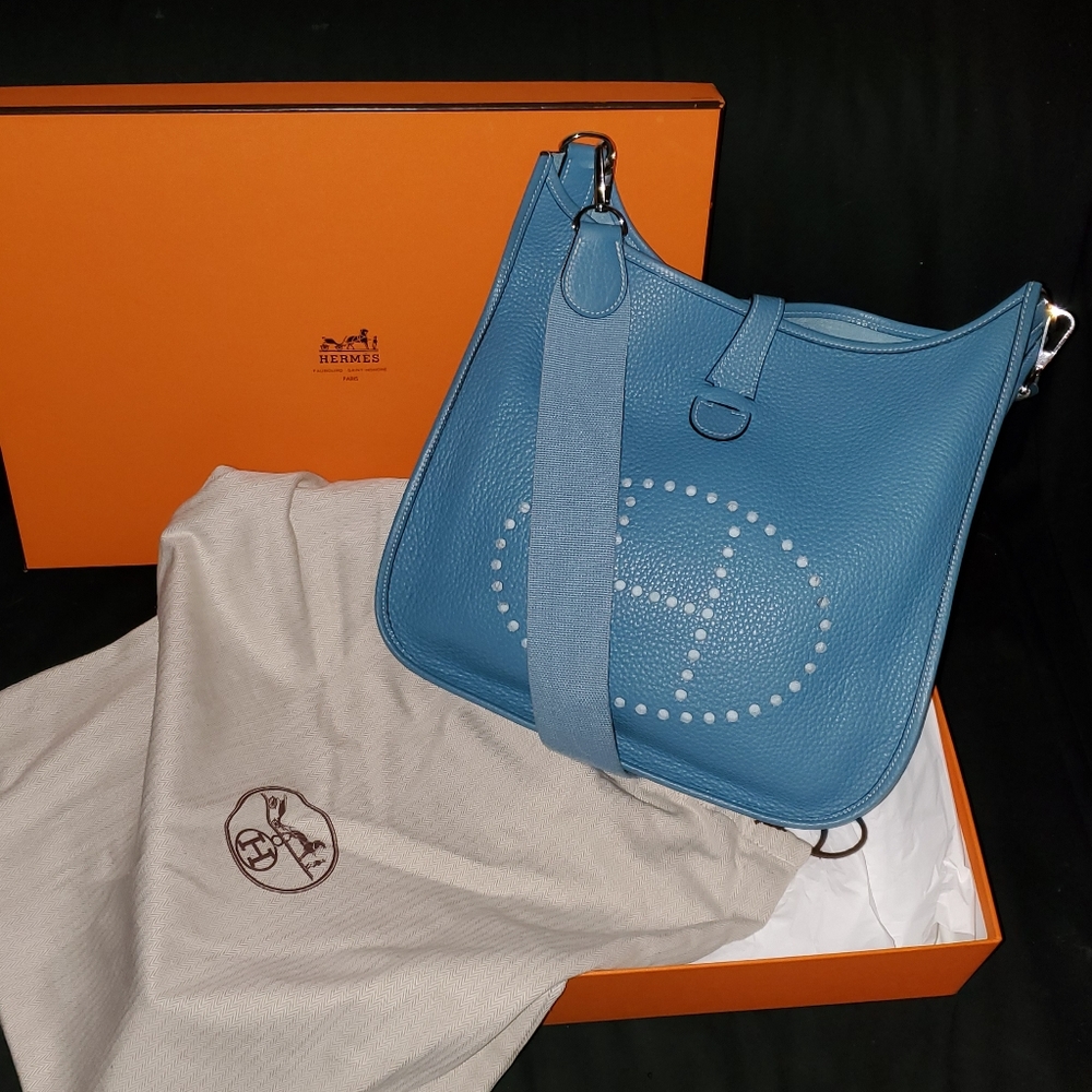 Hermes Taurillon Clemence Evelyne III PM Blue Jean